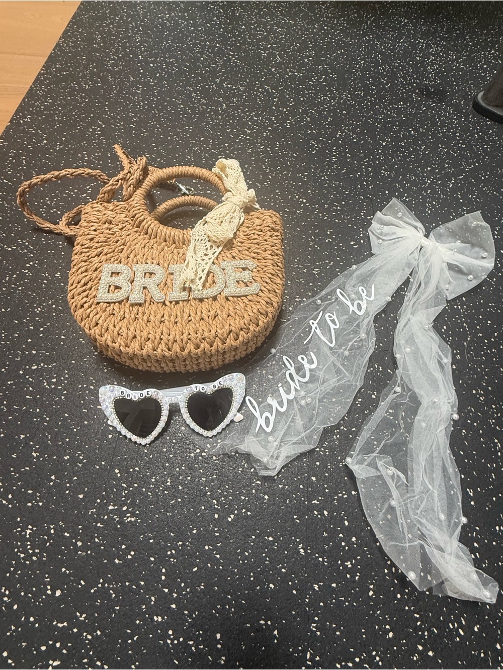 Bride accessories- Straw Crossbody Bag, sunglasses, hair pin, slippers, pjs